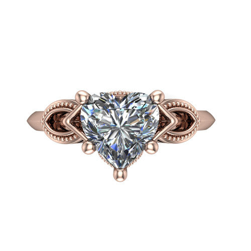 Ella heart vintage solitaire engagement ring in 18K Rose Gold, top-down view showing the heart solitaire center and the filigree scrollwork at the head