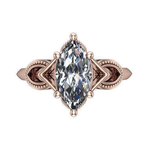 Ella marquise vintage solitaire engagement ring in 18K Rose Gold, top-down view showing the marquise solitaire center and the filigree scrollwork at the head