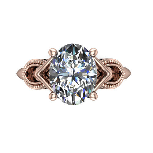 Ella oval vintage solitaire engagement ring in 18K Rose Gold, top-down view showing the oval solitaire center and the filigree scrollwork at the head