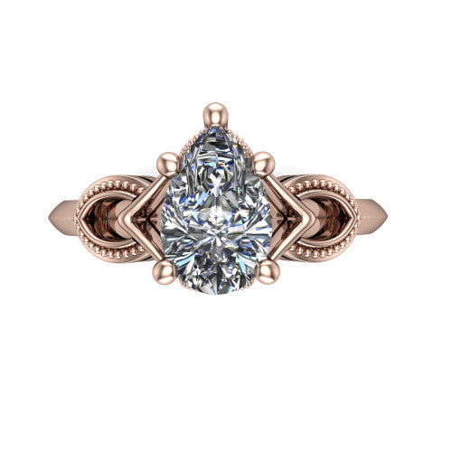 Ella pear vintage solitaire engagement ring in 14K Rose Gold, top-down view showing the pear solitaire center and the filigree scrollwork at the head