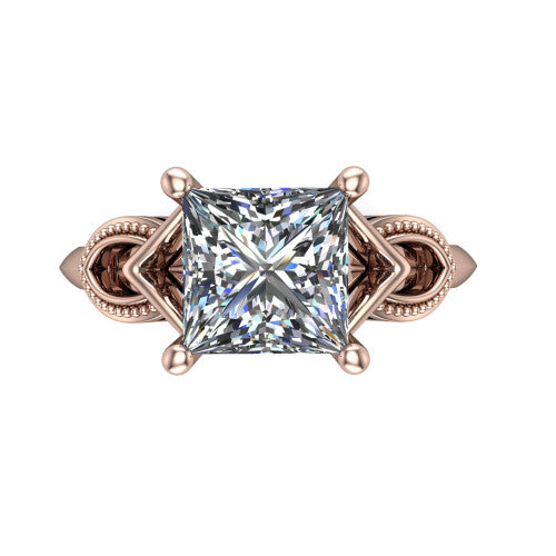 Ella princess vintage solitaire engagement ring in 18K Rose Gold, top-down view showing the princess solitaire center and the filigree scrollwork at the head