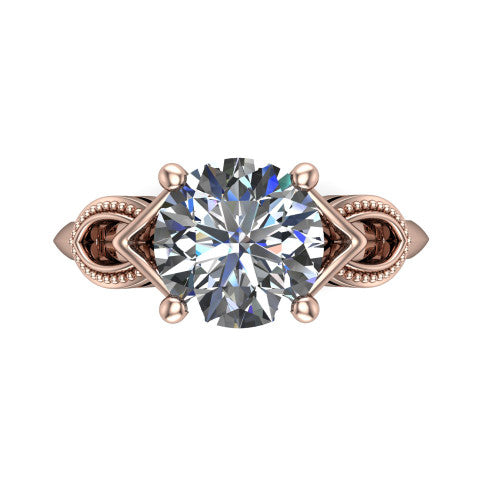 Ella round vintage solitaire engagement ring in 14K Rose Gold, top-down view showing the round solitaire center and the filigree scrollwork at the head
