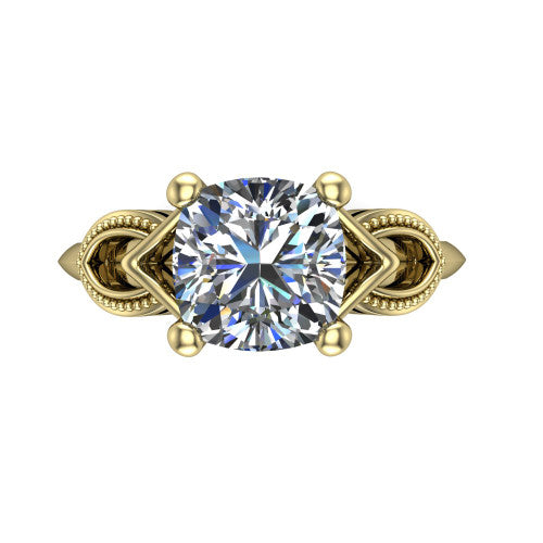 Ella cushion vintage solitaire engagement ring in 18K Yellow Gold, top-down view showing the cushion solitaire center and the filigree scrollwork at the head