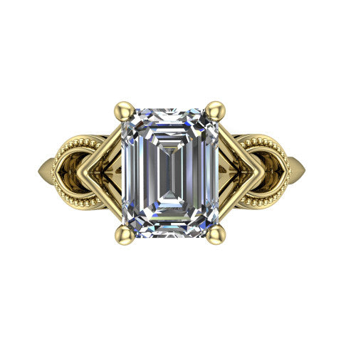 Ella emerald vintage solitaire engagement ring in 14K Yellow Gold, top-down view showing the emerald solitaire center and the filigree scrollwork at the head
