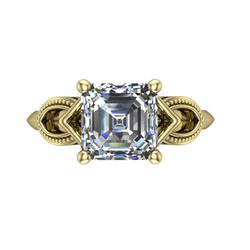Ella square emerald vintage solitaire engagement ring in 18K Yellow Gold, top-down view showing the square emerald solitaire center and the filigree scrollwork at the head