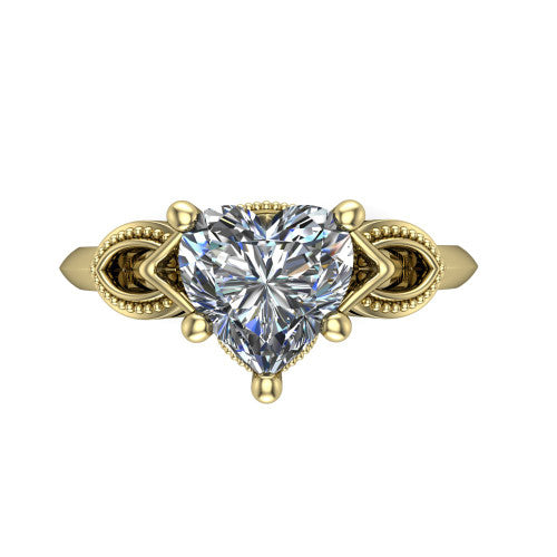 Ella heart vintage solitaire engagement ring in 14K Yellow Gold, top-down view showing the heart solitaire center and the filigree scrollwork at the head