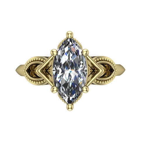 Ella marquise vintage solitaire engagement ring in 18K Yellow Gold, top-down view showing the marquise solitaire center and the filigree scrollwork at the head