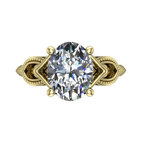 Ella oval vintage solitaire engagement ring in 18K Yellow Gold, top-down view showing the oval solitaire center and the filigree scrollwork at the head