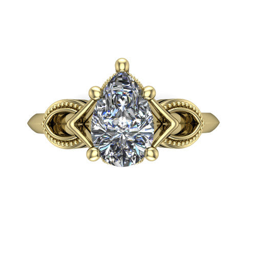 Ella pear vintage solitaire engagement ring in 14K Yellow Gold, top-down view showing the pear solitaire center and the filigree scrollwork at the head