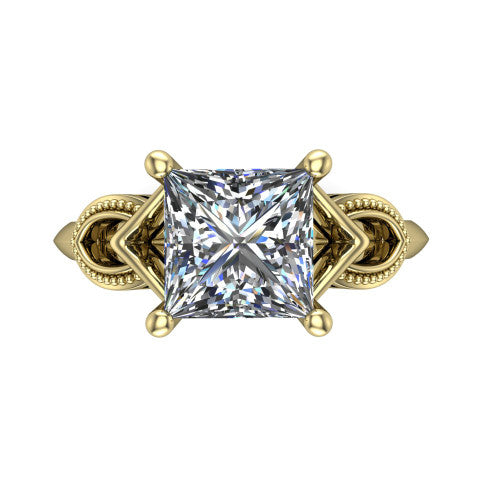 Ella princess vintage solitaire engagement ring in 18K Yellow Gold, top-down view showing the princess solitaire center and the filigree scrollwork at the head