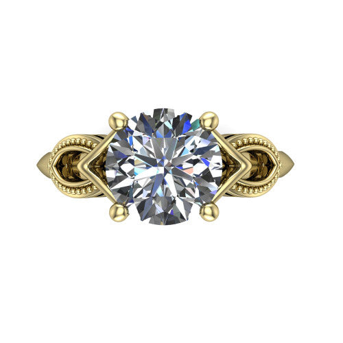 Ella round vintage solitaire engagement ring in 18K Yellow Gold, top-down view showing the round solitaire center and the filigree scrollwork at the head