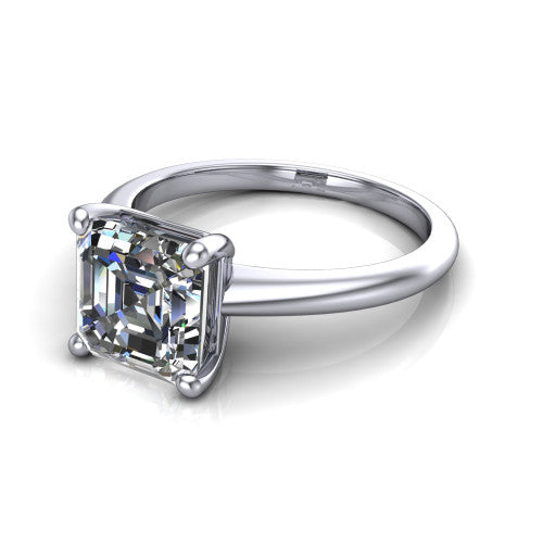 Avery square emerald classic solitaire engagement ring in 14K White Gold, three-quarter perspective showing the square emerald center on claw prongs above a plain polished band