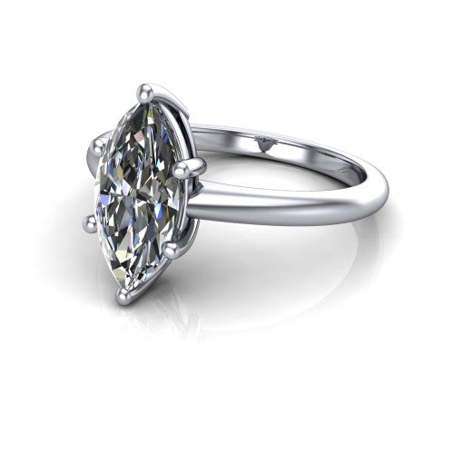 Avery marquise classic solitaire engagement ring in Platinum, three-quarter perspective showing the marquise center on claw prongs above a plain polished band