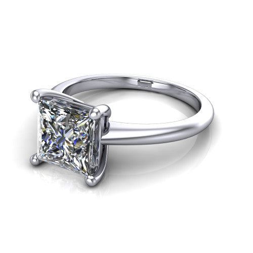 Avery princess classic solitaire engagement ring in 14K White Gold, three-quarter perspective showing the princess center on claw prongs above a plain polished band