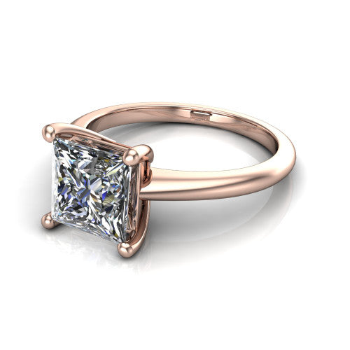Avery princess classic solitaire engagement ring in 14K Rose Gold, three-quarter perspective showing the princess center on claw prongs above a plain polished band
