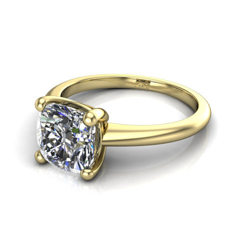 Avery cushion classic solitaire engagement ring in 18K Yellow Gold, three-quarter perspective showing the cushion center on claw prongs above a plain polished band