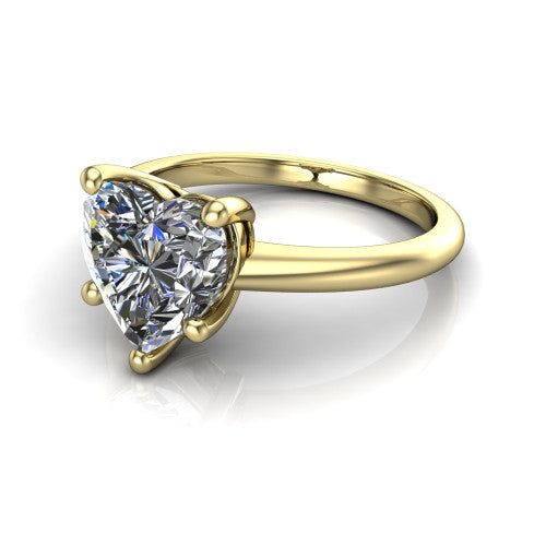 Avery heart classic solitaire engagement ring in 14K Yellow Gold, three-quarter perspective showing the heart center on claw prongs above a plain polished band