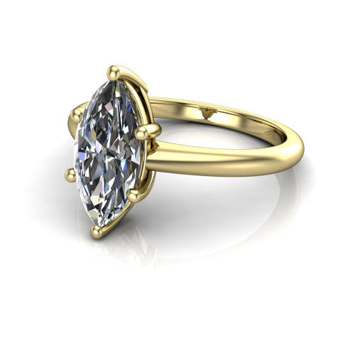 Avery marquise classic solitaire engagement ring in 14K Yellow Gold, three-quarter perspective showing the marquise center on claw prongs above a plain polished band