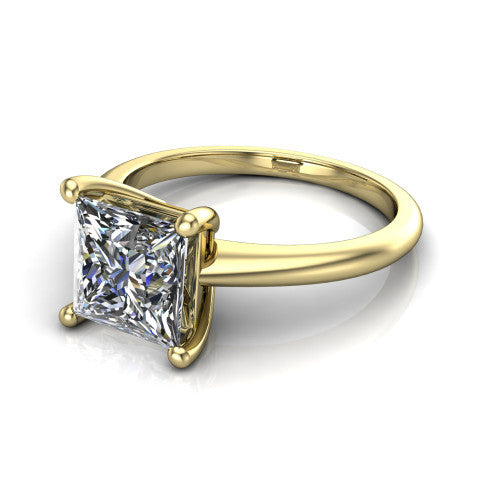 Avery princess classic solitaire engagement ring in 18K Yellow Gold, three-quarter perspective showing the princess center on claw prongs above a plain polished band