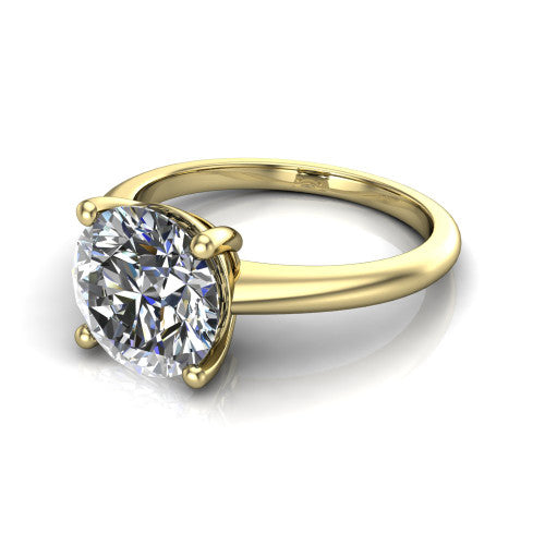 Avery round classic solitaire engagement ring in 14K Yellow Gold, three-quarter perspective showing the round center on claw prongs above a plain polished band