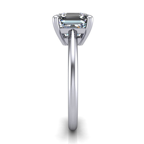 Avery square emerald classic solitaire engagement ring in 14K White Gold, side profile showing the smooth polished band and the open basket beneath the square emerald center