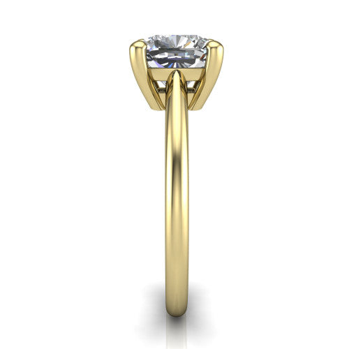 Avery cushion classic solitaire engagement ring in 18K Yellow Gold, side profile showing the smooth polished band and the open basket beneath the cushion center
