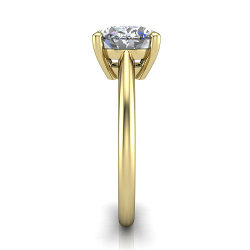 Avery oval classic solitaire engagement ring in 18K Yellow Gold, side profile showing the smooth polished band and the open basket beneath the oval center