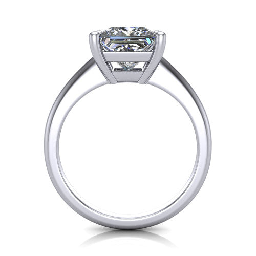 Avery princess classic solitaire engagement ring in Platinum, through-finger front profile showing the princess center raised above the plain band