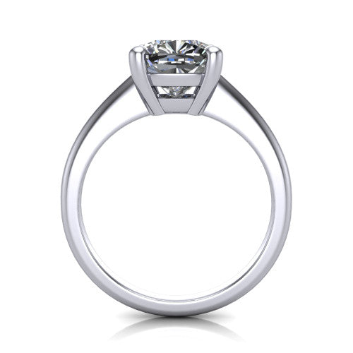 Avery cushion classic solitaire engagement ring in 14K White Gold, through-finger front profile showing the cushion center raised above the plain band