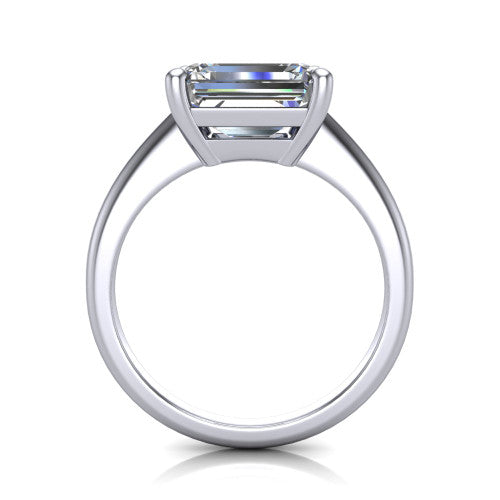 Avery emerald classic solitaire engagement ring in 18K White Gold, through-finger front profile showing the emerald center raised above the plain band