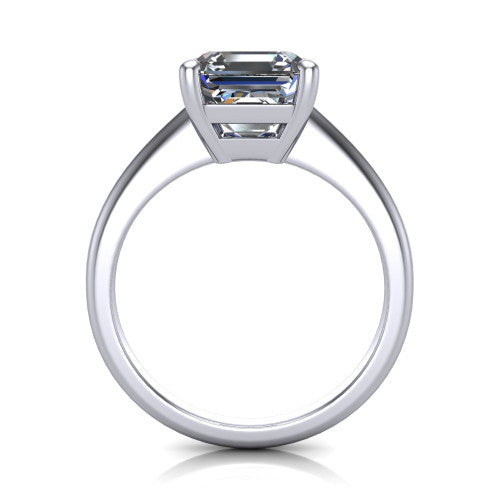 Avery square emerald classic solitaire engagement ring in 18K White Gold, through-finger front profile showing the square emerald center raised above the plain band