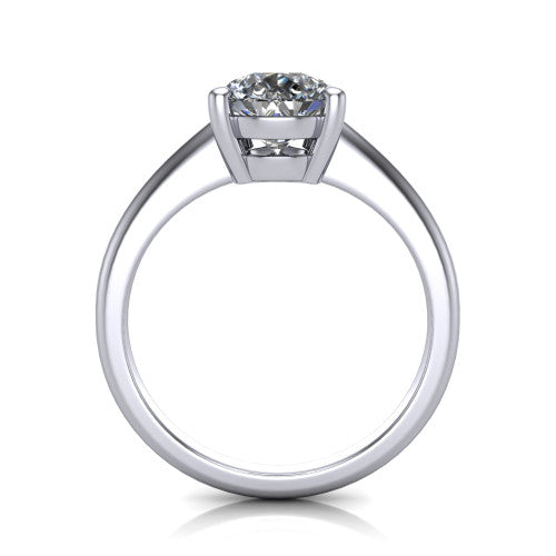 Avery pear classic solitaire engagement ring in Platinum, through-finger front profile showing the pear center raised above the plain band