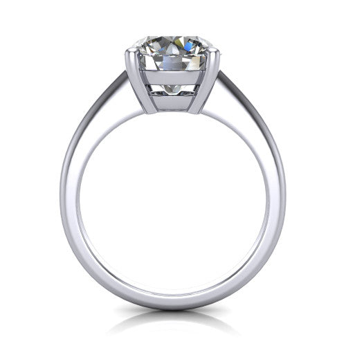 Avery round classic solitaire engagement ring in Platinum, through-finger front profile showing the round center raised above the plain band