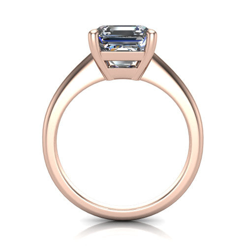 Avery square emerald classic solitaire engagement ring in 14K Rose Gold, through-finger front profile showing the square emerald center raised above the plain band