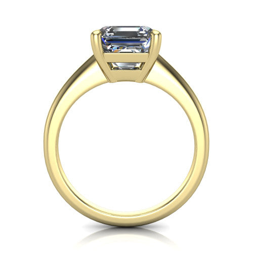 Avery square emerald classic solitaire engagement ring in 14K Yellow Gold, through-finger front profile showing the square emerald center raised above the plain band