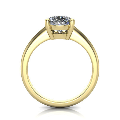 Avery pear classic solitaire engagement ring in 18K Yellow Gold, through-finger front profile showing the pear center raised above the plain band