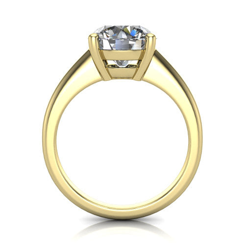 Avery round classic solitaire engagement ring in 14K Yellow Gold, through-finger front profile showing the round center raised above the plain band