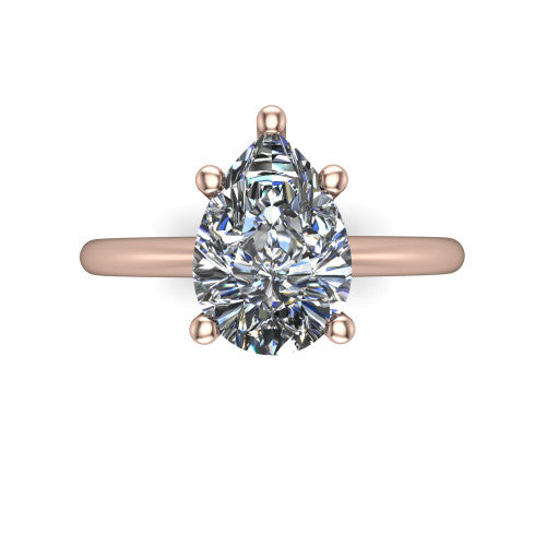 Avery pear classic solitaire engagement ring in 18K Rose Gold, top-down view showing the four-prong pear solitaire center