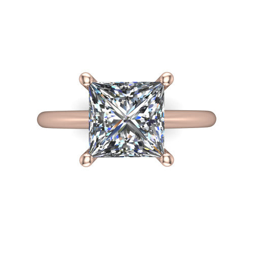 Avery princess classic solitaire engagement ring in 14K Rose Gold, top-down view showing the four-prong princess solitaire center
