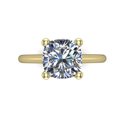 Avery cushion classic solitaire engagement ring in 18K Yellow Gold, top-down view showing the four-prong cushion solitaire center