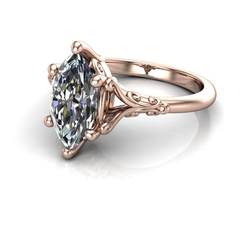 Dorothy marquise vintage solitaire engagement ring in 14K Rose Gold, three-quarter perspective showing the marquise center on claw prongs above a plain band with vintage filigree scrollwork