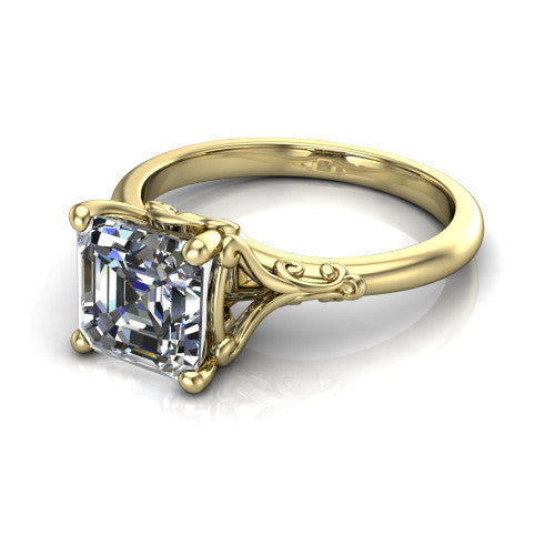 Dorothy square emerald vintage solitaire engagement ring in 14K Yellow Gold, three-quarter perspective showing the square emerald center on claw prongs above a plain band with vintage filigree scrollwork