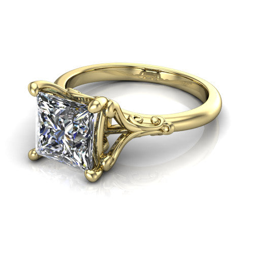 Dorothy princess vintage solitaire engagement ring in 14K Yellow Gold, three-quarter perspective showing the princess center on claw prongs above a plain band with vintage filigree scrollwork