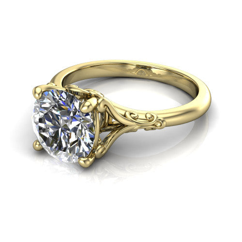 Dorothy round vintage solitaire engagement ring in 18K Yellow Gold, three-quarter perspective showing the round center on claw prongs above a plain band with vintage filigree scrollwork