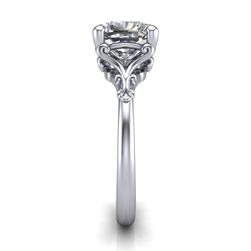 Dorothy cushion vintage solitaire engagement ring in Platinum, side profile showing the vintage filigree scrollwork, milgrain detail, and plain band in profile
