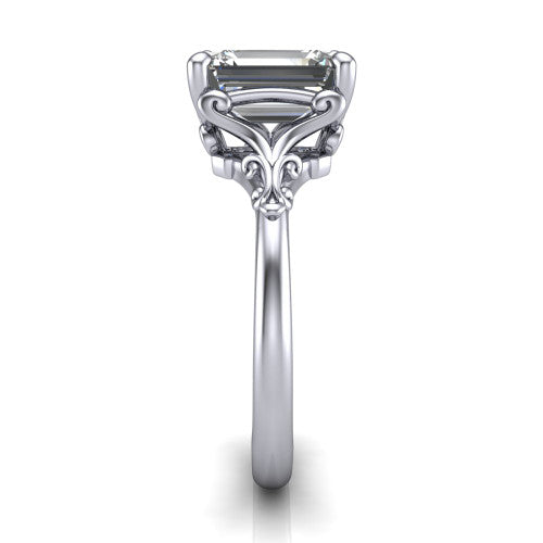 Dorothy emerald vintage solitaire engagement ring in Platinum, side profile showing the vintage filigree scrollwork, milgrain detail, and plain band in profile