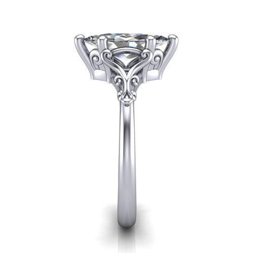 Dorothy marquise vintage solitaire engagement ring in Platinum, side profile showing the vintage filigree scrollwork, milgrain detail, and plain band in profile