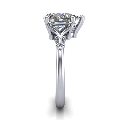 Dorothy pear vintage solitaire engagement ring in Platinum, side profile showing the vintage filigree scrollwork, milgrain detail, and plain band in profile