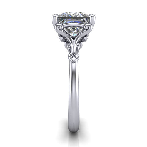 Dorothy princess vintage solitaire engagement ring in 14K White Gold, side profile showing the vintage filigree scrollwork, milgrain detail, and plain band in profile