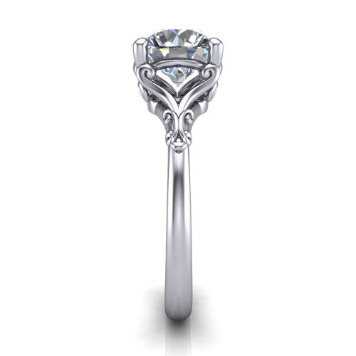 Dorothy round vintage solitaire engagement ring in Platinum, side profile showing the vintage filigree scrollwork, milgrain detail, and plain band in profile